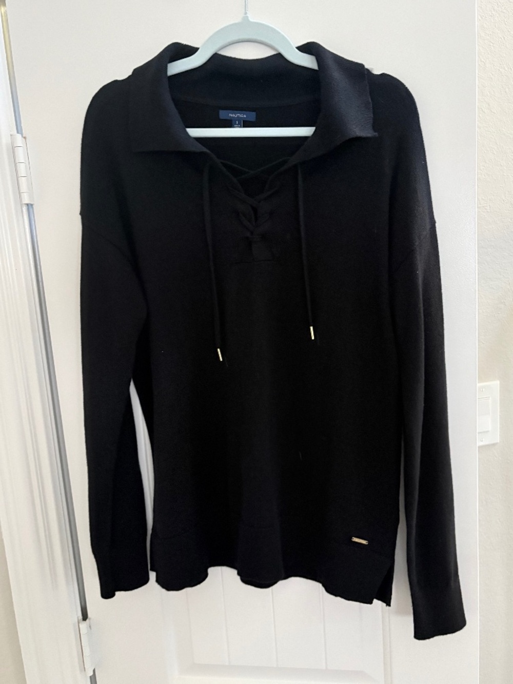 Nautica Black Lace Up Collared Long Sleeve Sweater Top Size S